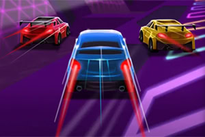 세 대의 자동차가 네온 불빛 아래에서 역동적으로 질주하는 모습