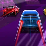 세 대의 자동차가 네온 불빛 아래에서 역동적으로 질주하는 모습