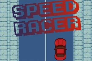 도로 위에 빨간 자동차와 큰 픽셀 스타일의 SPEED RACER 텍스트
