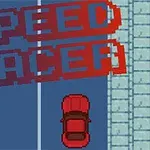 도로 위에 빨간 자동차와 큰 픽셀 스타일의 SPEED RACER 텍스트