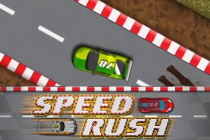 녹색 경주차가 흙길을 빠르게 달리는 모습과 아래에는 SPEED RUSH 텍스트가 있는 이미지