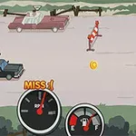 도로 위 차량과 장애물, 및 하단에 계기판과 주유 게이지가 있는 그림