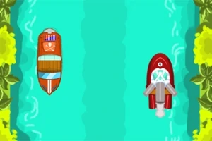 두 개의 보트가 푸른 물길에서 서로 마주보고 있으며, 양옆에 초록색 나무와 노란 꽃이 있다