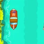 두 개의 보트가 푸른 물길에서 서로 마주보고 있으며, 양옆에 초록색 나무와 노란 꽃이 있다