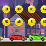 다양한 색상의 스포츠카들이 건물 앞 도로 위에 줄지어 있으며 숫자가 적힌 노란 동전들이 위에 배치된 모습