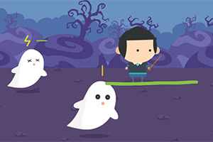 한 사람과 두 유령이 어두운 숲 배경에서 만나는 장면