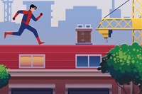 장애물을 피하며 스파이더-보이로 지붕 위를 뛰어다니기