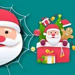 산타클로스 얼굴이 거미줄 안에 있는 모습과 함께 선물 상자와 장식들이 있는 이미지