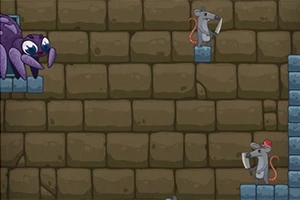 큰 거미와 칼을 든 쥐들이 돌로 된 벽 배경 앞에 있는 모습