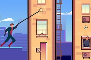 슈트 차림의 인물이 도시 건물 사이를 밧줄로 이동하고 있다