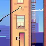 슈트 차림의 인물이 도시 건물 사이를 밧줄로 이동하고 있다