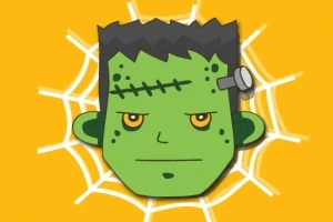 초록색 괴물 얼굴이 거미줄 배경 위에 나타나 있다