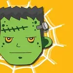 초록색 괴물 얼굴이 거미줄 배경 위에 나타나 있다