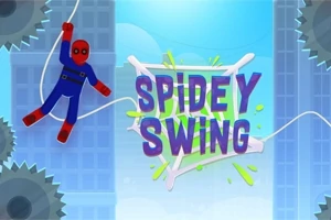 건물 배경 앞에서 거미줄을 타고 있는 빨간색과 파란색 슈트를 입은 캐릭터와 중앙에 SPIDEY SWING 텍스트