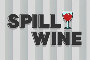 배경에 회색 줄무늬가 있고, SPILL WINE라는 텍스트와 와인 잔 그림이 있는 이미지