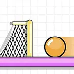 노란색 축구 골대 옆에 있는 주황색 공과 보라색 선반