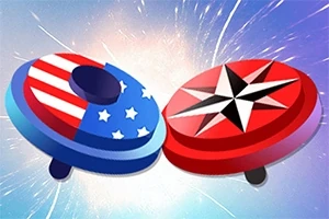 두 개의 팽이가 서로 부딪히며, 왼쪽 팽이는 파란색과 흰색 별이 있는 빨간색과 파란색 모양이고, 오른쪽 팽이는 검은색과 하얀색 별이 있는 빨간색 모양이다