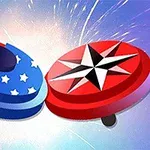 두 개의 팽이가 서로 부딪히며, 왼쪽 팽이는 파란색과 흰색 별이 있는 빨간색과 파란색 모양이고, 오른쪽 팽이는 검은색과 하얀색 별이 있는 빨간색 모양이다