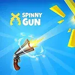 회전하며 발사 중인 리볼버 총과 날아가는 황금 총알, 파란 배경