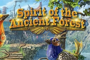 나무와 다리가 있는 숲속 풍경 위에 Spirit of the Ancient Forest라는 글자가 써져 있고, 앞쪽에는 기계로 만든 새가 서 있다