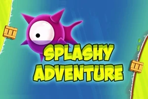 보라색 뾰족한 생물체와 SPLASHY ADVENTURE라는 노란색 텍스트가 있는 이미지
