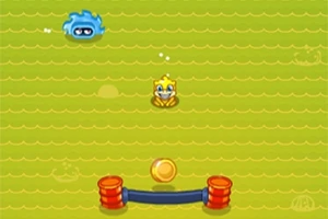 녹색 배경에 노란 캐릭터와 파란 캐릭터가 있으며, 중앙에 동전이 있고 아래쪽에 두 개의 주황색 기둥과 검은 막대가 있다