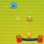 녹색 배경에 노란 캐릭터와 파란 캐릭터가 있으며, 중앙에 동전이 있고 아래쪽에 두 개의 주황색 기둥과 검은 막대가 있다