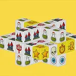 노란색 배경 위에 여러 그림 아이콘이 그려진 주사위가 십자 모양으로 쌓여 있습니다