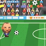 만화 스타일의 축구장에서 두 선수 캐릭터가 축구공과 함께 경기를 하고 있고, 관중이 경기장을 둘러싸고 있다