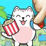 하얀 고양이가 팝콘을 들고 해변에서 파라솔과 함께 노는 장면