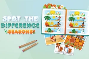 여러 계절의 이미지가 담긴 책과 차이점을 찾는 게임을 암시하는 그림 카드, 연필이 함께 배치되어 있다