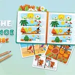 여러 계절의 이미지가 담긴 책과 차이점을 찾는 게임을 암시하는 그림 카드, 연필이 함께 배치되어 있다