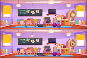 알록달록한 어린이 놀이방에는 칠판, 장난감, 공, TV가 있으며 두 장의 이미지가 서로 약간의 차이를 보인다