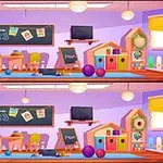 알록달록한 어린이 놀이방에는 칠판, 장난감, 공, TV가 있으며 두 장의 이미지가 서로 약간의 차이를 보인다