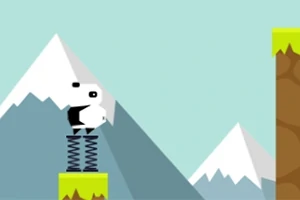 하얀 캐릭터가 스프링 위에서 점프하는 중이며, 배경에는 눈 덮인 산이 보입니다