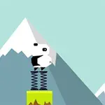 하얀 캐릭터가 스프링 위에서 점프하는 중이며, 배경에는 눈 덮인 산이 보입니다