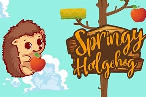 귀여운 고슴도치가 사과를 들고 있으며, 나무와 Springy Hedgehog라는 글자가 있는 하늘 배경