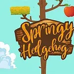 귀여운 고슴도치가 사과를 들고 있으며, 나무와 Springy Hedgehog라는 글자가 있는 하늘 배경