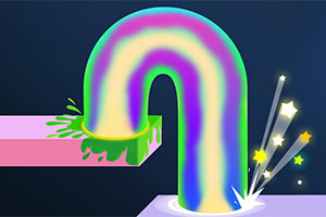 무지갯빛 곡선이 있는 핑크색 플랫폼에서 흘러내리는 초록색 액체와 별 모양의 빛나는 효과