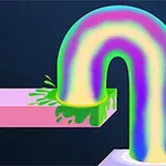 무지갯빛 곡선이 있는 핑크색 플랫폼에서 흘러내리는 초록색 액체와 별 모양의 빛나는 효과