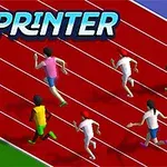 붉은 육상 트랙에서 달리는 사람들 위로 SPRINTER라는 텍스트가 있는 이미지