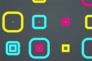 회색 배경에 서로 다른 크기와 색상의 노란색, 파란색, 분홍색의 겹쳐진 사각형 패턴