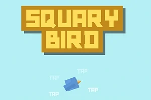 황금색 블록에 SQUARY BIRD 라고 쓰여 있고, 아래에 파란색 새 캐릭터가 있는 이미지