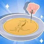 파란 배경에 별 모양이 있는 원형 접시에 바늘로 선이 그려진 노란색 원형 과자