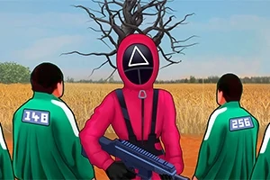 분홍색 옷을 입고 삼각형 가면을 쓴 사람이 총을 들고 있으며, 녹색 옷의 사람들이 주변에 서 있는 장면