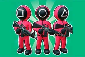 초록색 배경에 세 명의 빨간색 옷을 입은 캐릭터들이 총을 들고 각각 얼굴에 사각형, 동그라미, 세모 문양이 있습니다