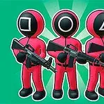 초록색 배경에 세 명의 빨간색 옷을 입은 캐릭터들이 총을 들고 각각 얼굴에 사각형, 동그라미, 세모 문양이 있습니다