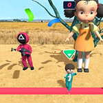 노란 드레스를 입은 큰 인형과 뒤에 서 있는 분홍색 옷을 입은 인물들, 전면의 푸른색 옷을 입은 작은 인물들