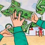두 사람이 초록색 지폐를 잡으려는 모습, 배경에는 경비원이 서 있는 그림