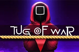 빨간 후드와 검은색 가면을 쓴 인물이 중앙에 있으며, 그 앞에 로프와 Tug of War 텍스트가 배치된 이미지